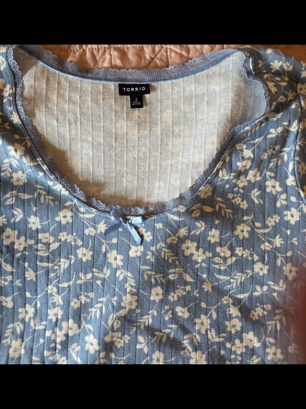torrid blue ribbed short sleeve top with cream floral print - Picture 2 of 2